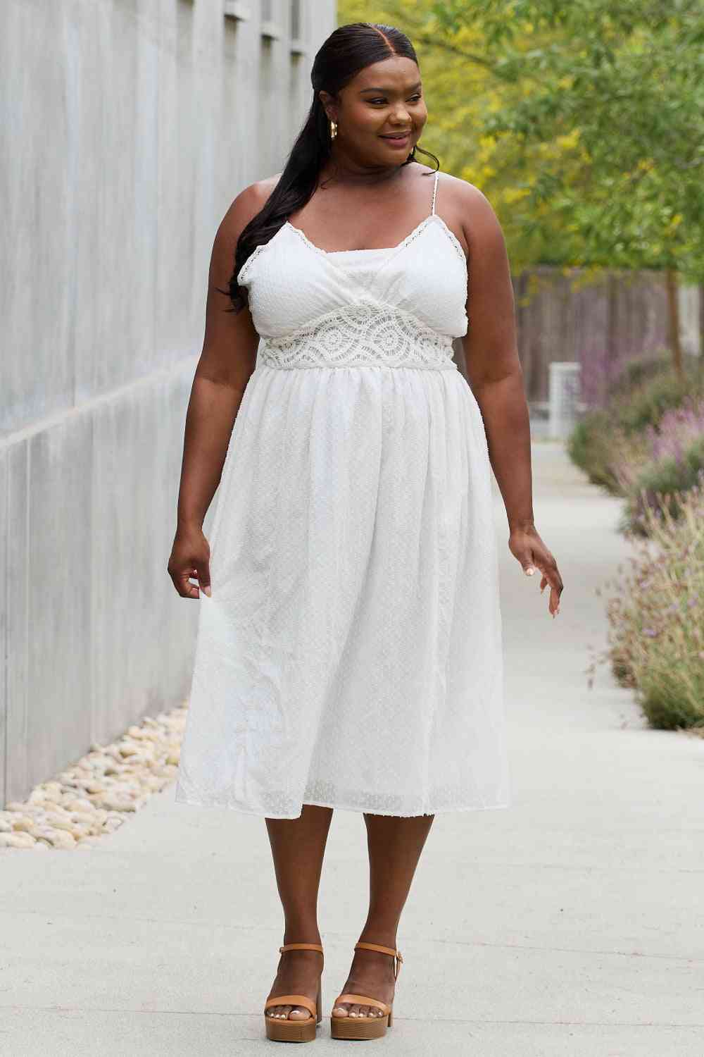 White Birch Full Size Lace Detail Sleeveless Lace Midi Dress