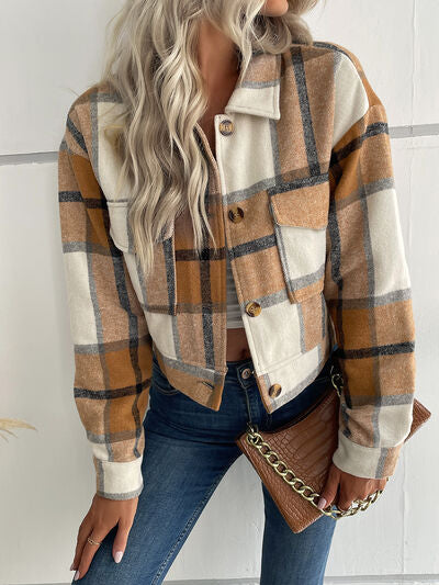 Plaid Button Up Drop Shoulder Cropped Jacket