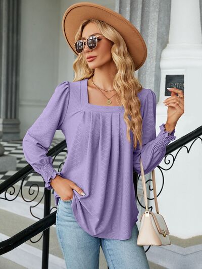 Ruched Square Neck Lantern Sleeve Blouse