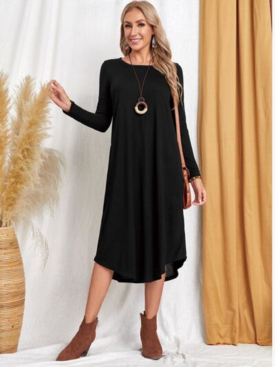 Pocketed Round Neck Long Sleeve Tee Dress